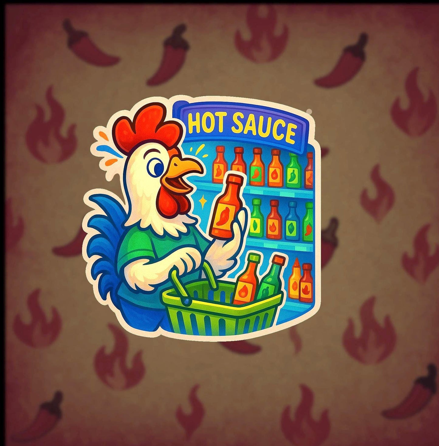 Rooster Hot Sauce Sticker β Spicy Food Lover Gift β Cartoon Chicken Grocery Shopping β Funny Hot Sauce Vinyl Decal
