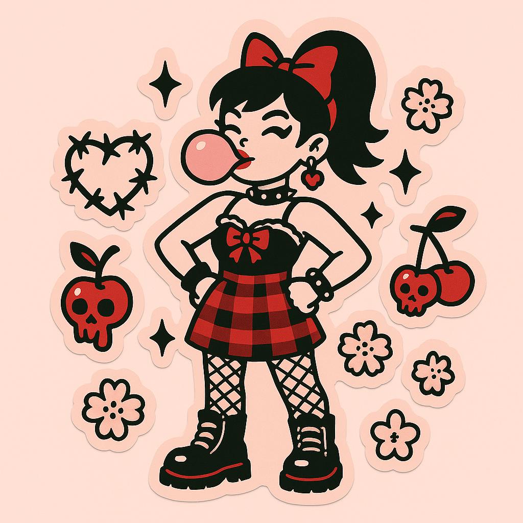 Cherry Bomb Girl Vinyl Sticker- Coquette Punk - Alternative Kawaii