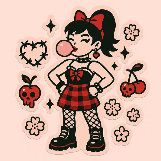 Cherry Bomb Girl Vinyl Sticker- Coquette Punk - Alternative Kawaii