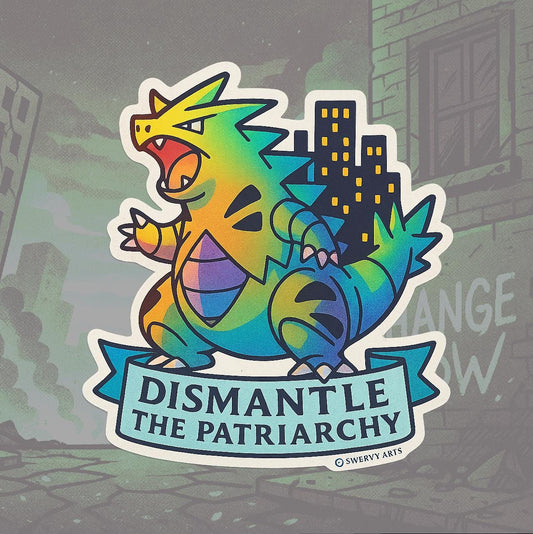 Tyranitar -Vinyl Pokemon Sticker - Dismantle the Patriarchy, Godzilla, Neon Rainbow Dinosaur, City Skyline, Unique Sticker for labtop