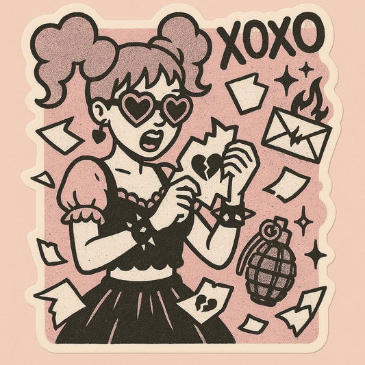 Cute Pink Heartbreak Vinyl Sticker | Sad Girl Aesthetic | Love Letter & Grenade Art | Y2K Emo Sticker