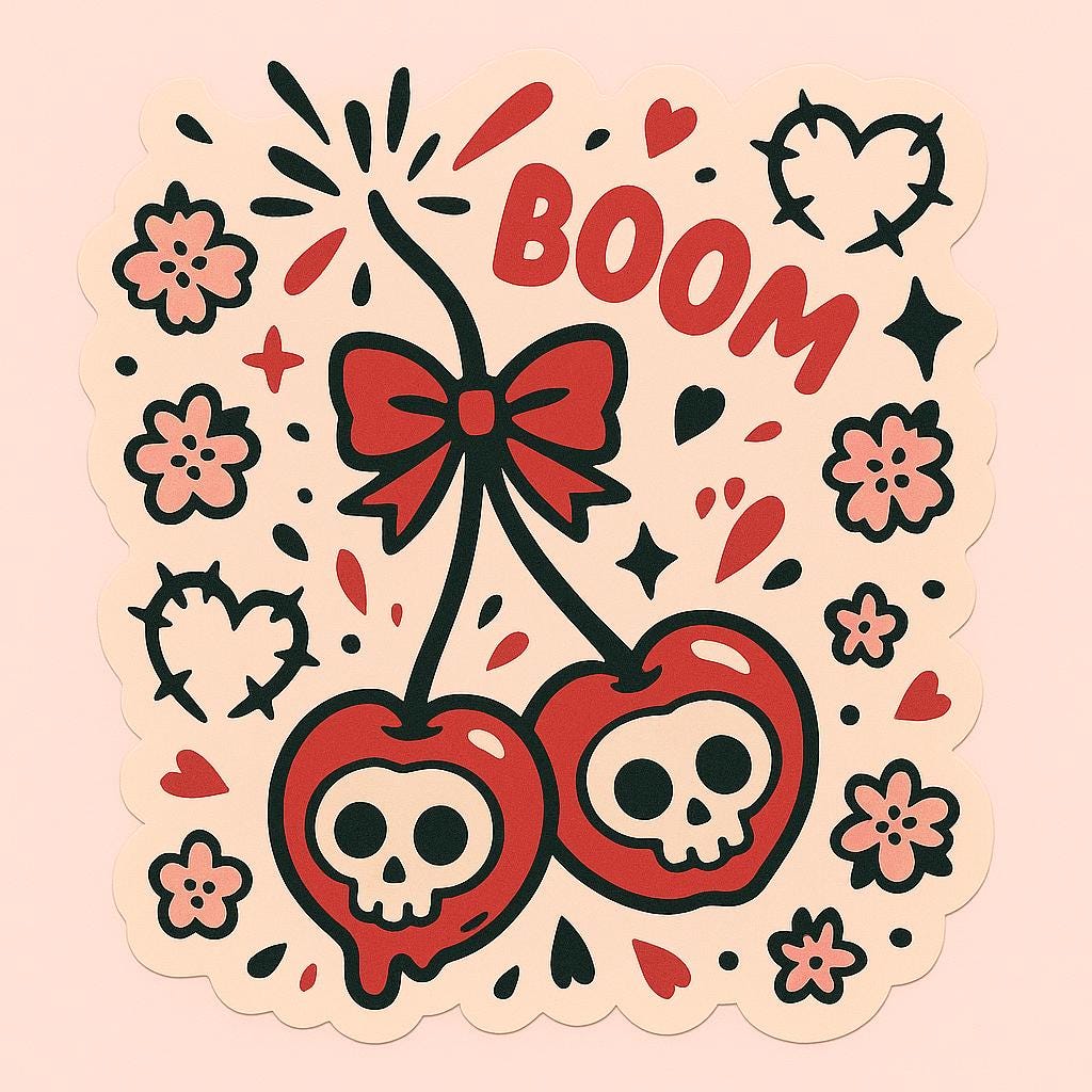 Cherry Bomb Skull Sticker | Cute Goth Cherry Decal | Red Bow Kawaii Skull Art | Holographic Sticker for Laptop, Journal, or Water Bottle