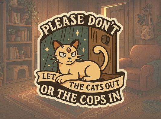 Persian Vinyl Sticker – Please Don’t Let the Cats Out or the Cops In, due process and privacy, alternative acab stickers, inside joke rocket