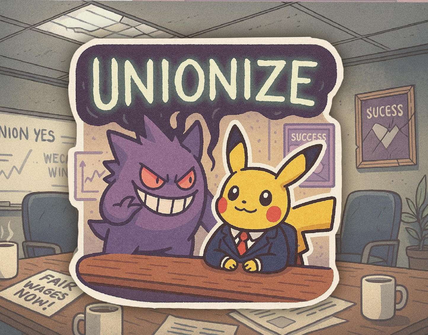 Corporate Pikachu Vinyl Sticker - Unionize Gengar - corporate chaos, office culture, union meme stickers, alternative pokemon, gen z humor