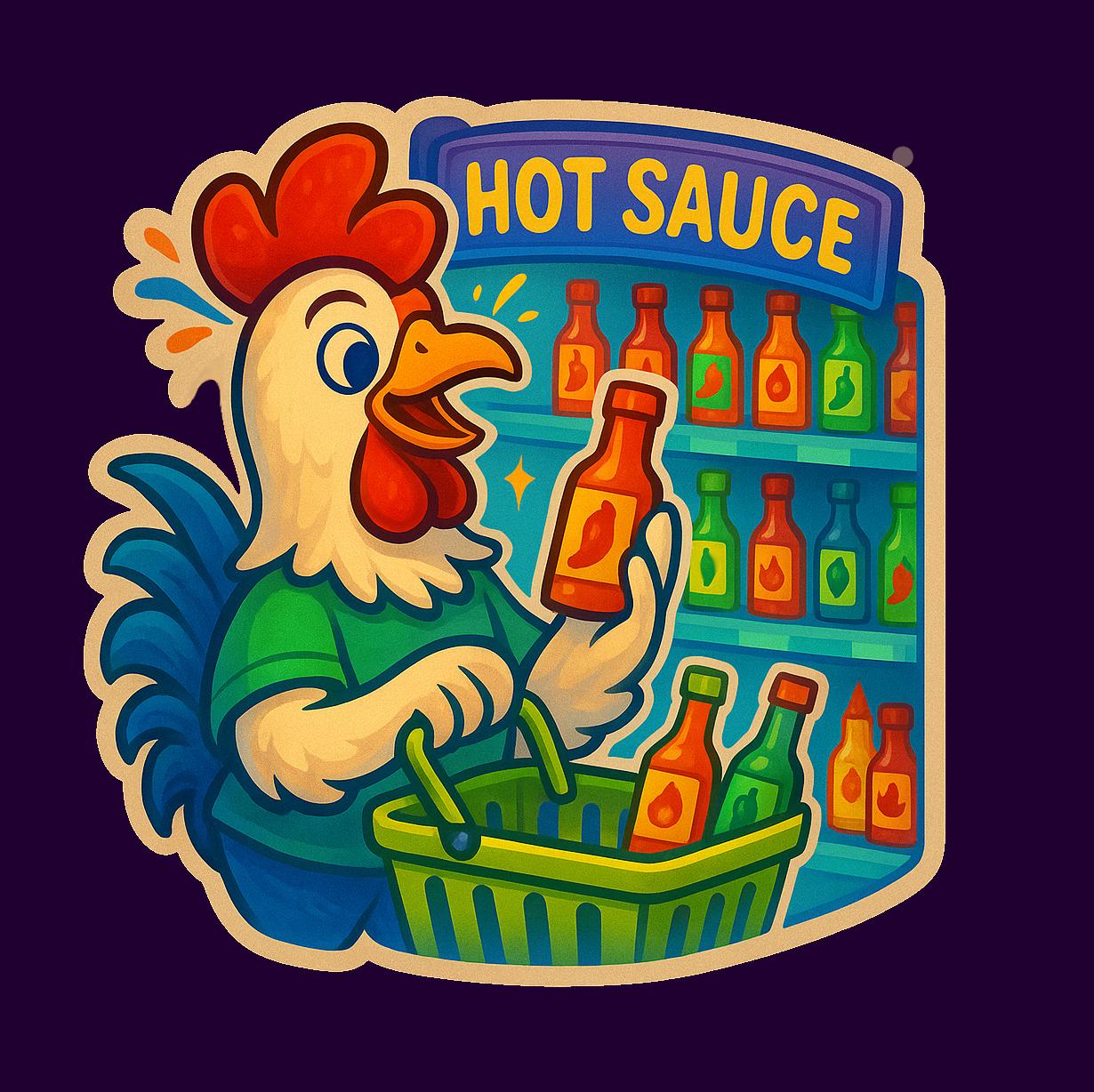 Rooster Hot Sauce Sticker – Spicy Food Lover Gift – Cartoon Chicken Grocery Shopping – Funny Hot Sauce Vinyl Decal