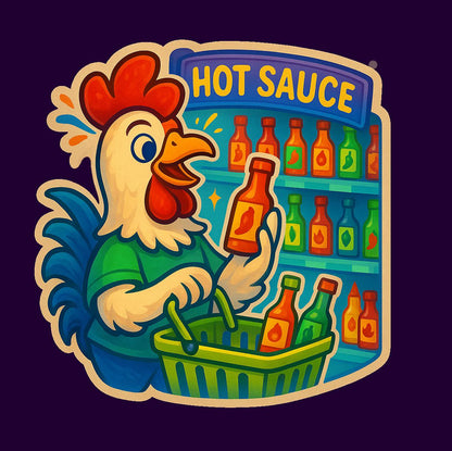 Rooster Hot Sauce Sticker – Spicy Food Lover Gift – Cartoon Chicken Grocery Shopping – Funny Hot Sauce Vinyl Decal
