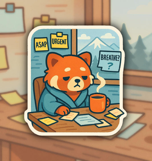 Red Panda Vinyl Sticker – Overwhelmed Office Worker Humor, Unique Burnout Meme Sticker, Coworker Gift, funny and cute animals, labtop decal