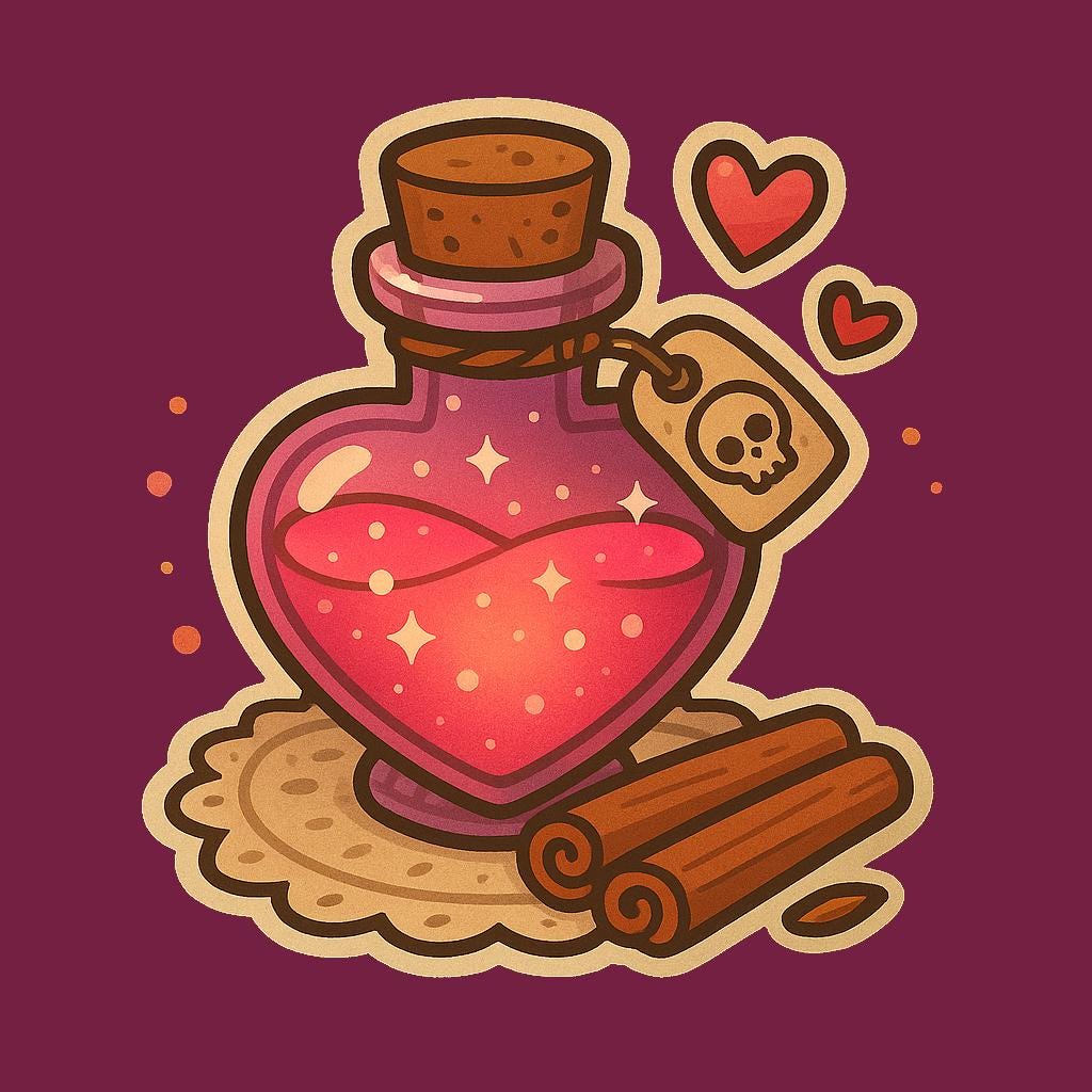 Love Spell Potion Sticker – Kawaii Pink Cinnamon Heart Bottle with Skull Tag – Twisted Treats Halloween Vinyl – Cozy Cute Fall Journaling