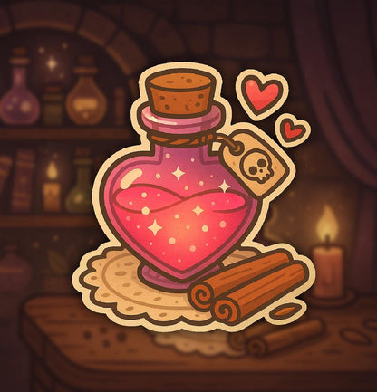 Love Spell Potion Sticker – Kawaii Pink Cinnamon Heart Bottle with Skull Tag – Twisted Treats Halloween Vinyl – Cozy Cute Fall Journaling