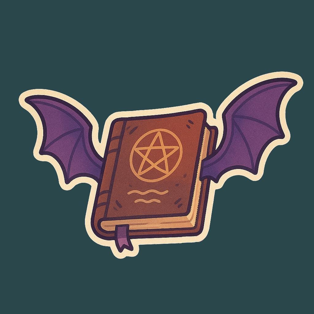 Bat Wing Grimoire Sticker – Flying Spell Book with Pentagram – Twisted Treats Halloween Vinyl – Witchy Kawaii Planner & Journal Decor