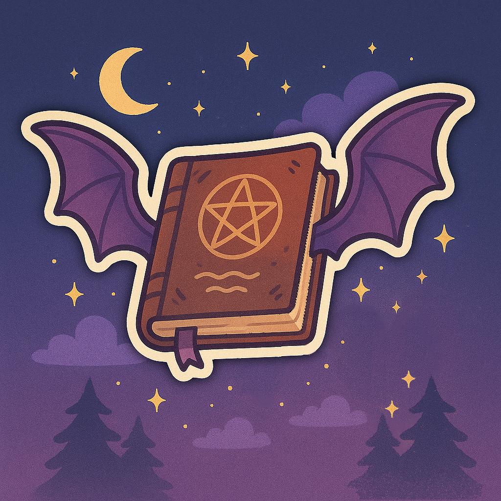 Bat Wing Grimoire Sticker – Flying Spell Book with Pentagram – Twisted Treats Halloween Vinyl – Witchy Kawaii Planner & Journal Decor