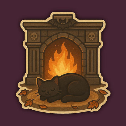 Cozy Crypt Cat Sticker – Gothic Fireplace with Sleeping Black Cat, Skulls & Autumn Leaves – Twisted Treats Halloween Vinyl – Cozy Cute Fall