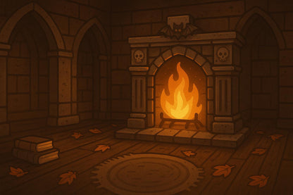 Cozy Crypt Cat Sticker – Gothic Fireplace with Sleeping Black Cat, Skulls & Autumn Leaves – Twisted Treats Halloween Vinyl – Cozy Cute Fall