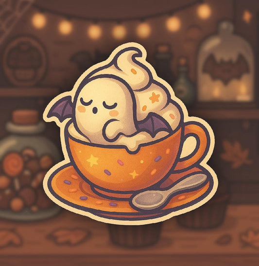 Whipped Ghost Cream Sticker – Cute Kawaii Ghost in Star Mug – Twisted Treats Halloween Collection – Cozy Fall Vinyl for Planners & Journals