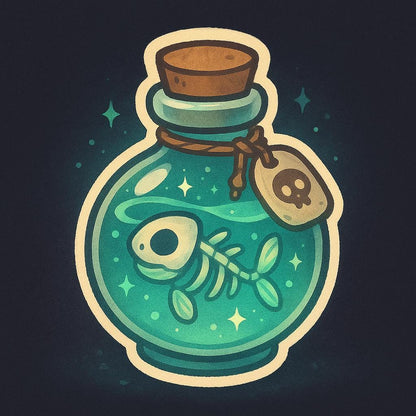 Fishbone Potion Bottle Sticker – Spooky Kawaii Poison Vial with Skull Tag – Twisted Treats Halloween Collection – Gothic Vinyl Sticker
