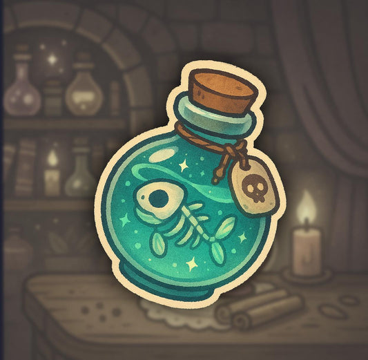 Fishbone Potion Bottle Sticker – Spooky Kawaii Poison Vial with Skull Tag – Twisted Treats Halloween Collection – Gothic Vinyl Sticker