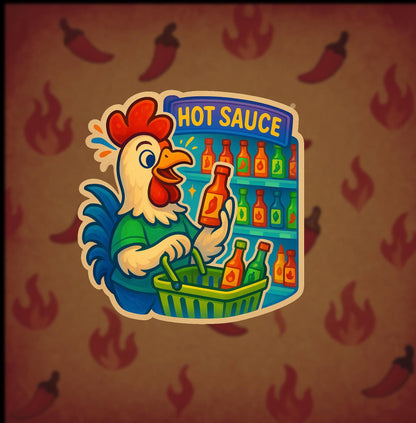 Rooster Hot Sauce Sticker – Spicy Food Lover Gift – Cartoon Chicken Grocery Shopping – Funny Hot Sauce Vinyl Decal