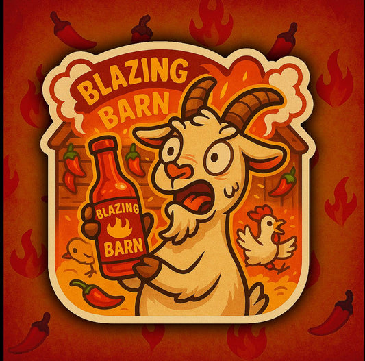 Blazing Barn Goat Hot Sauce Sticker – Funny Spicy Food Vinyl Decal – Screaming Goat Farm Animal Gift – Spicy Humor Sticker