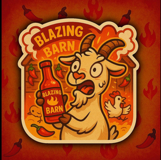 Blazing Barn Goat Hot Sauce Sticker – Funny Spicy Food Vinyl Decal – Screaming Goat Farm Animal Gift – Spicy Humor Sticker