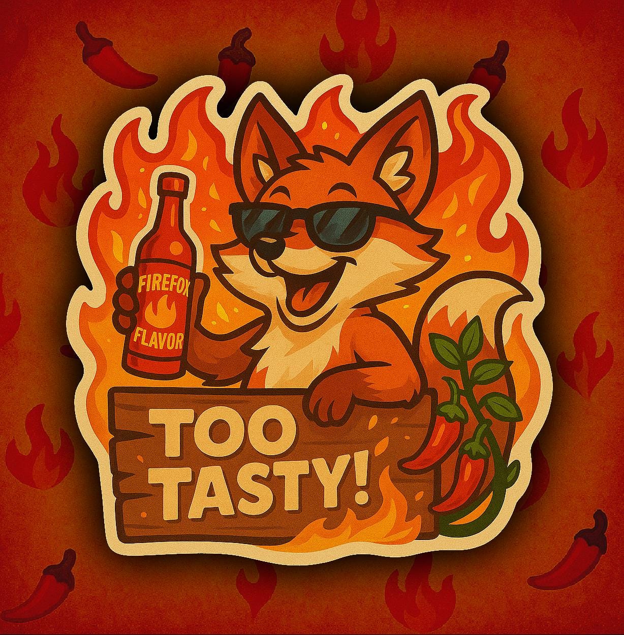 Too Tasty Fox Hot Sauce Sticker – Funny Spicy Food Lover Gift – Cool Fox Vinyl Decal – Chili Pepper Humor Sticker – Firefox Flavor