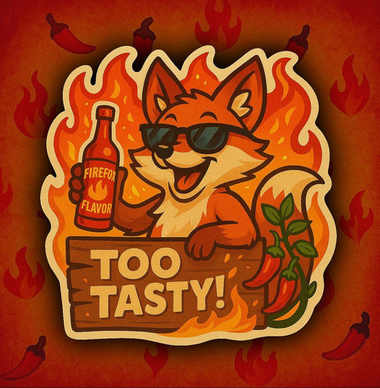 Too Tasty Fox Hot Sauce Sticker – Funny Spicy Food Lover Gift – Cool Fox Vinyl Decal – Chili Pepper Humor Sticker – Firefox Flavor