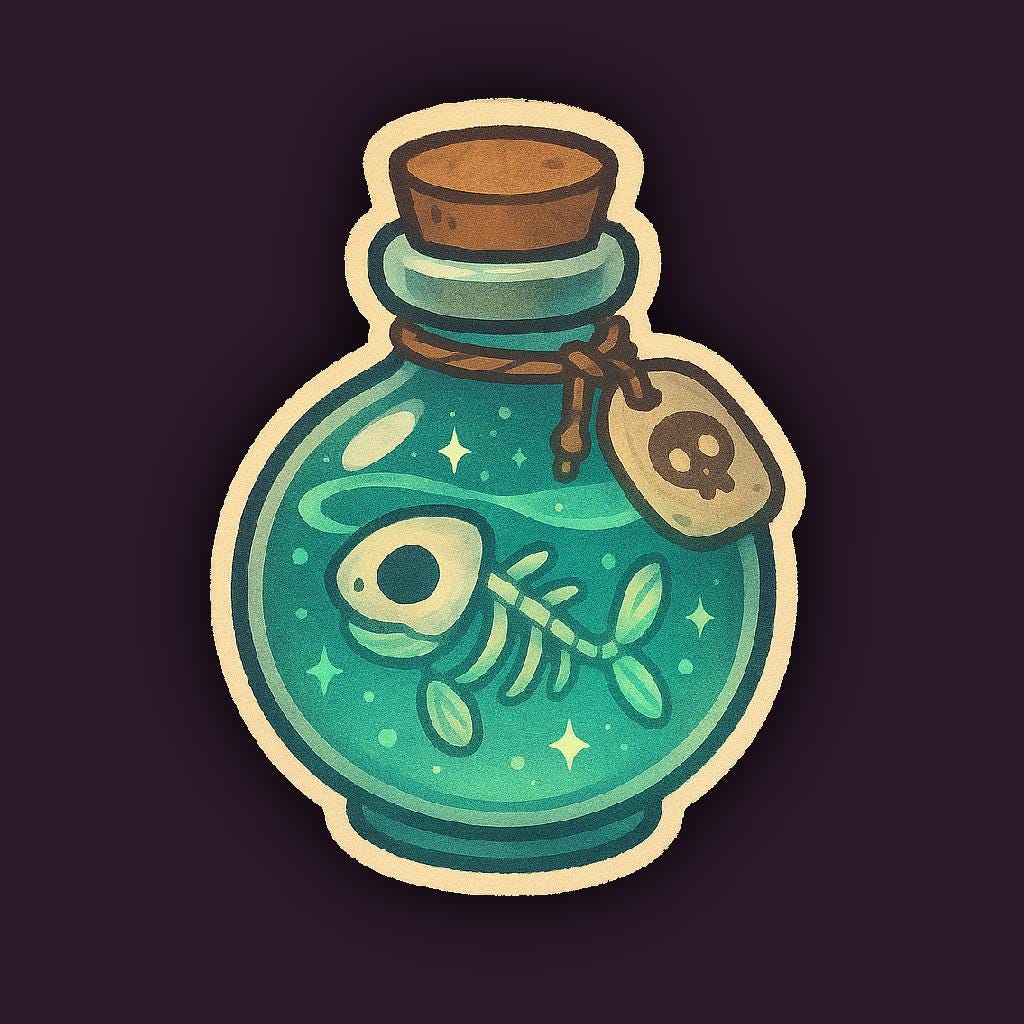 Fishbone Potion Bottle Sticker – Spooky Kawaii Poison Vial with Skull Tag – Twisted Treats Halloween Collection – Gothic Vinyl Sticker