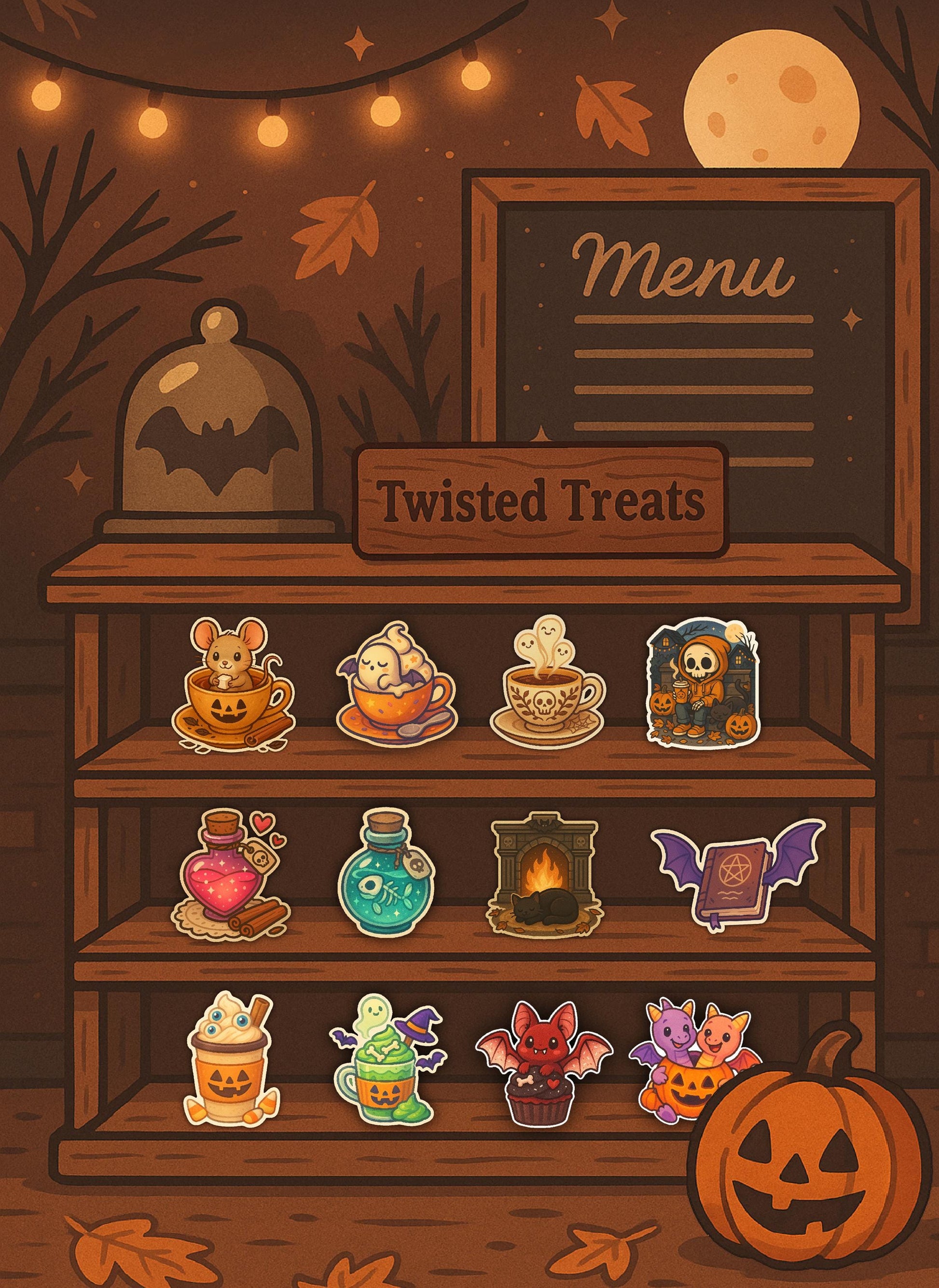 Cozy Crypt Cat Sticker – Gothic Fireplace with Sleeping Black Cat, Skulls & Autumn Leaves – Twisted Treats Halloween Vinyl – Cozy Cute Fall