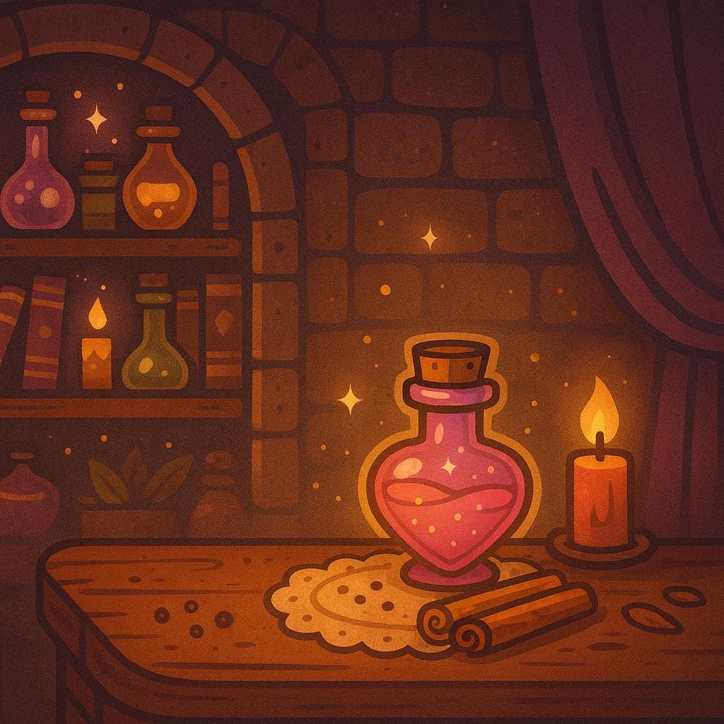 Love Spell Potion Sticker – Kawaii Pink Cinnamon Heart Bottle with Skull Tag – Twisted Treats Halloween Vinyl – Cozy Cute Fall Journaling