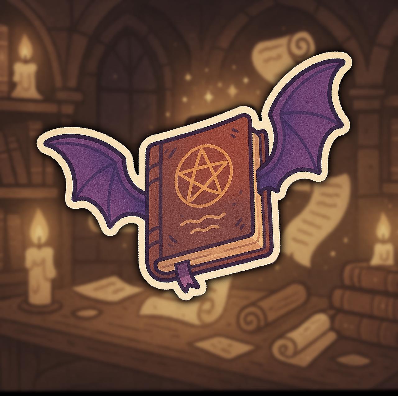 Bat Wing Grimoire Sticker – Flying Spell Book with Pentagram – Twisted Treats Halloween Vinyl – Witchy Kawaii Planner & Journal Decor