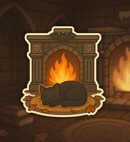 Cozy Crypt Cat Sticker – Gothic Fireplace with Sleeping Black Cat, Skulls & Autumn Leaves – Twisted Treats Halloween Vinyl – Cozy Cute Fall