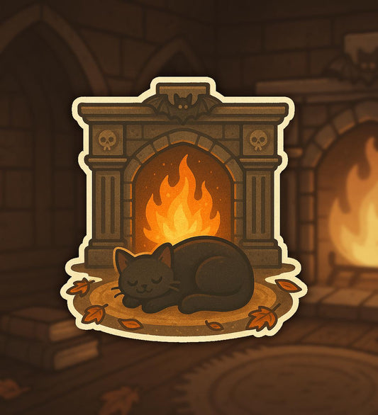 Cozy Crypt Cat Sticker – Gothic Fireplace with Sleeping Black Cat, Skulls & Autumn Leaves – Twisted Treats Halloween Vinyl – Cozy Cute Fall