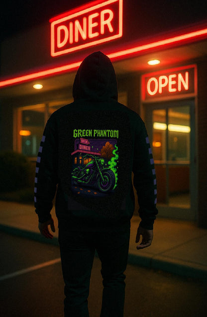 Green Phantom Hoodie – Neon Motorcycle Skull Graphic, Cozy Spooky Halloween Hoodie