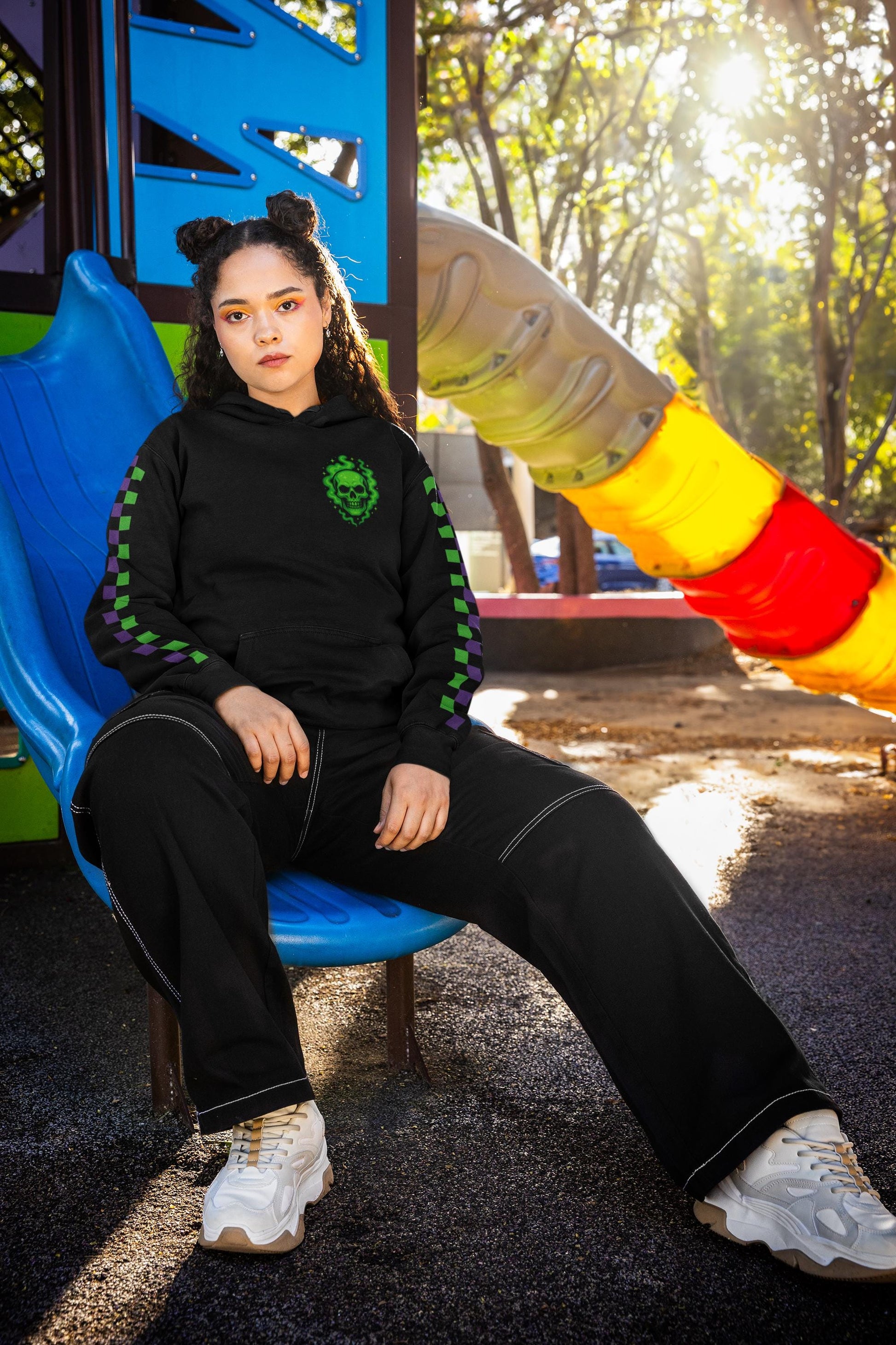 Green Phantom Hoodie – Neon Motorcycle Skull Graphic, Cozy Spooky Halloween Hoodie