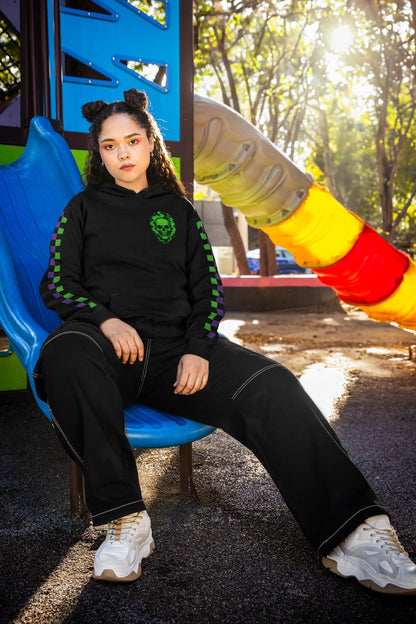 Green Phantom Hoodie – Neon Motorcycle Skull Graphic, Cozy Spooky Halloween Hoodie