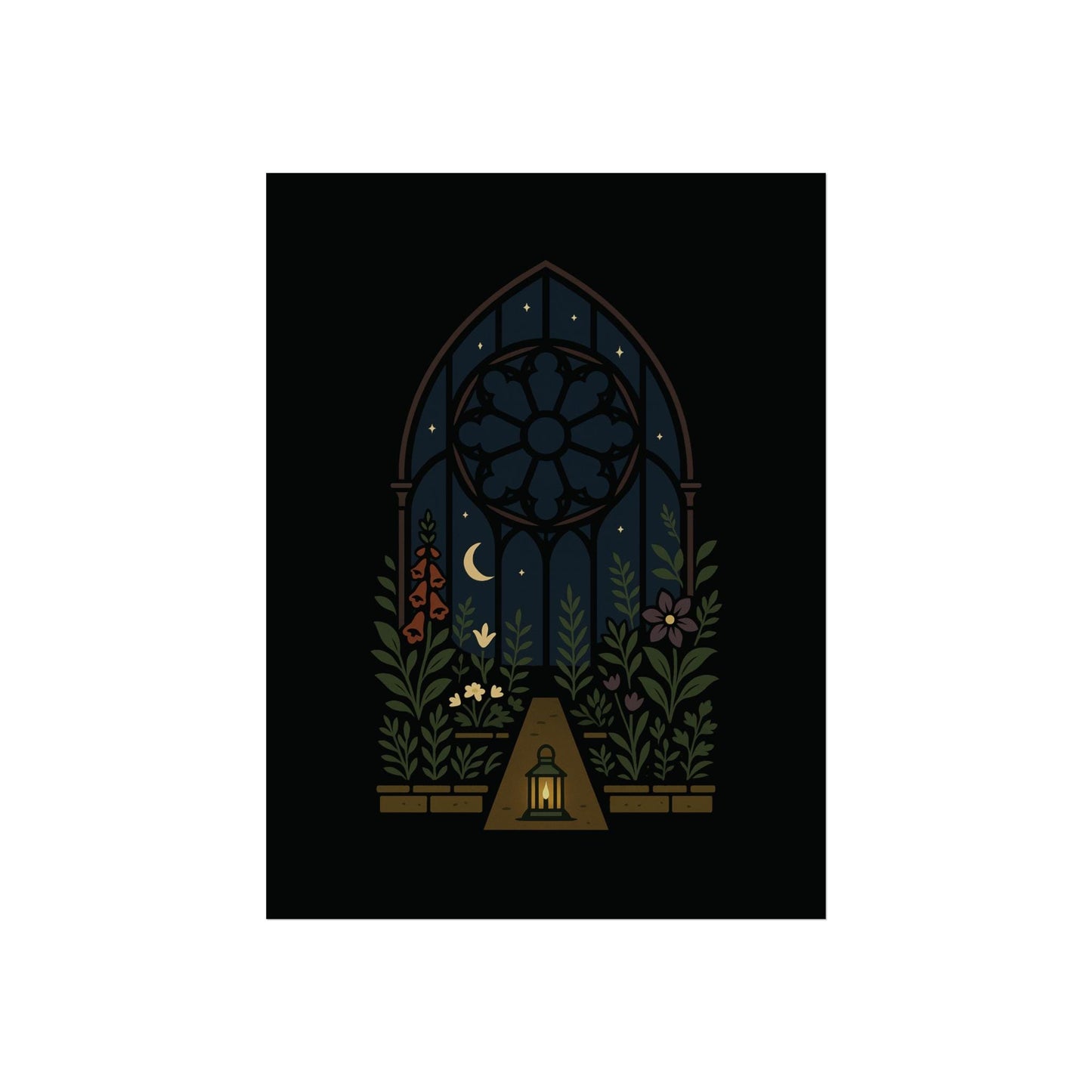 Terrarium Alter Art Print – Rose Window Stained-Glass Poster, Dark Botanical Decor