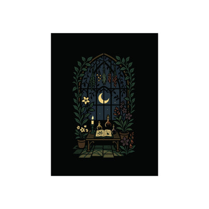 Herbal Apothecary Art Print – Witchy Gothic Greenhouse Poster with Dried Herbs & Moonlight