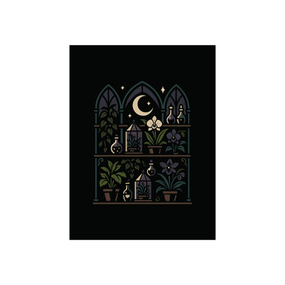 Poison Plant Shelves Art Print – Gothic Greenhouse Shelves Poster with Dried Herbs & Moonlight