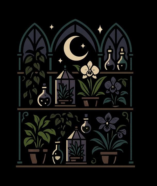 Poison Plant Shelves Art Print – Gothic Greenhouse Shelves Poster with Dried Herbs & Moonlight