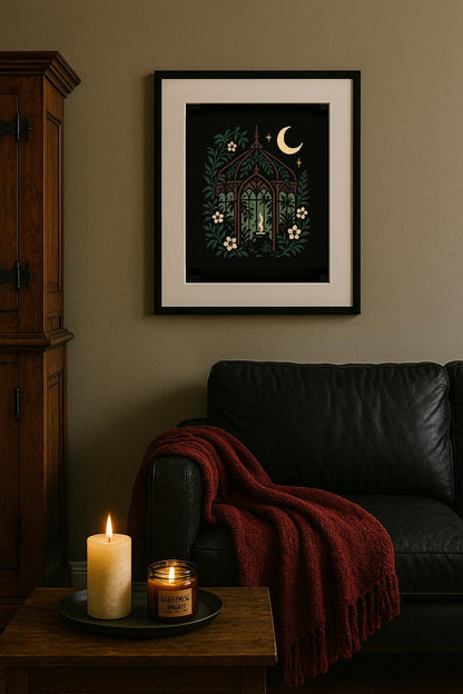 Midnight Conservatory Art Print – Crescent Moon and Vines, Pastel Goth Wall Decor