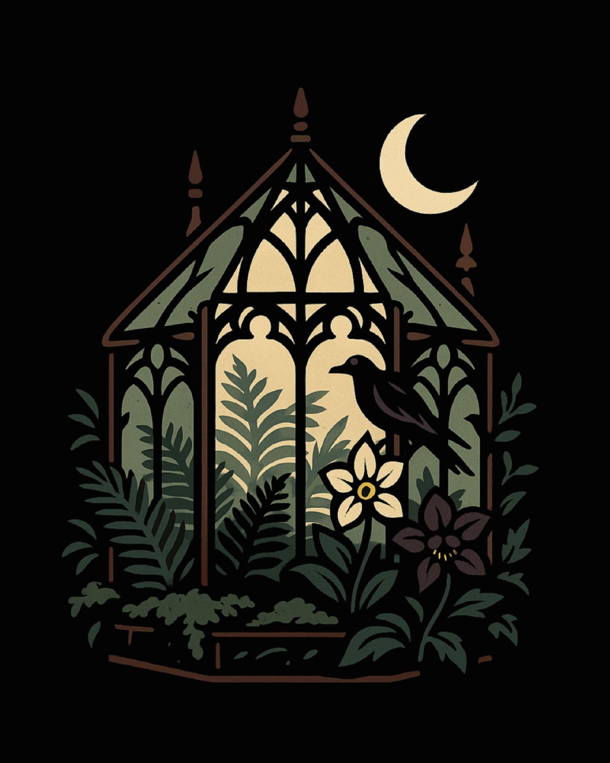 Moonlit Greenhouse Art Print – Stained‑Glass Botanical Window, Witchy Gothic Decor, bay window portrait, stick style architecture print