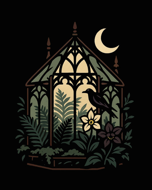 Moonlit Greenhouse Art Print – Stained‑Glass Botanical Window, Witchy Gothic Decor, bay window portrait, stick style architecture print