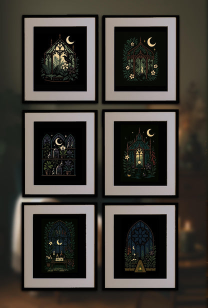 Moonlit Greenhouse Art Print – Stained‑Glass Botanical Window, Witchy Gothic Decor, bay window portrait, stick style architecture print