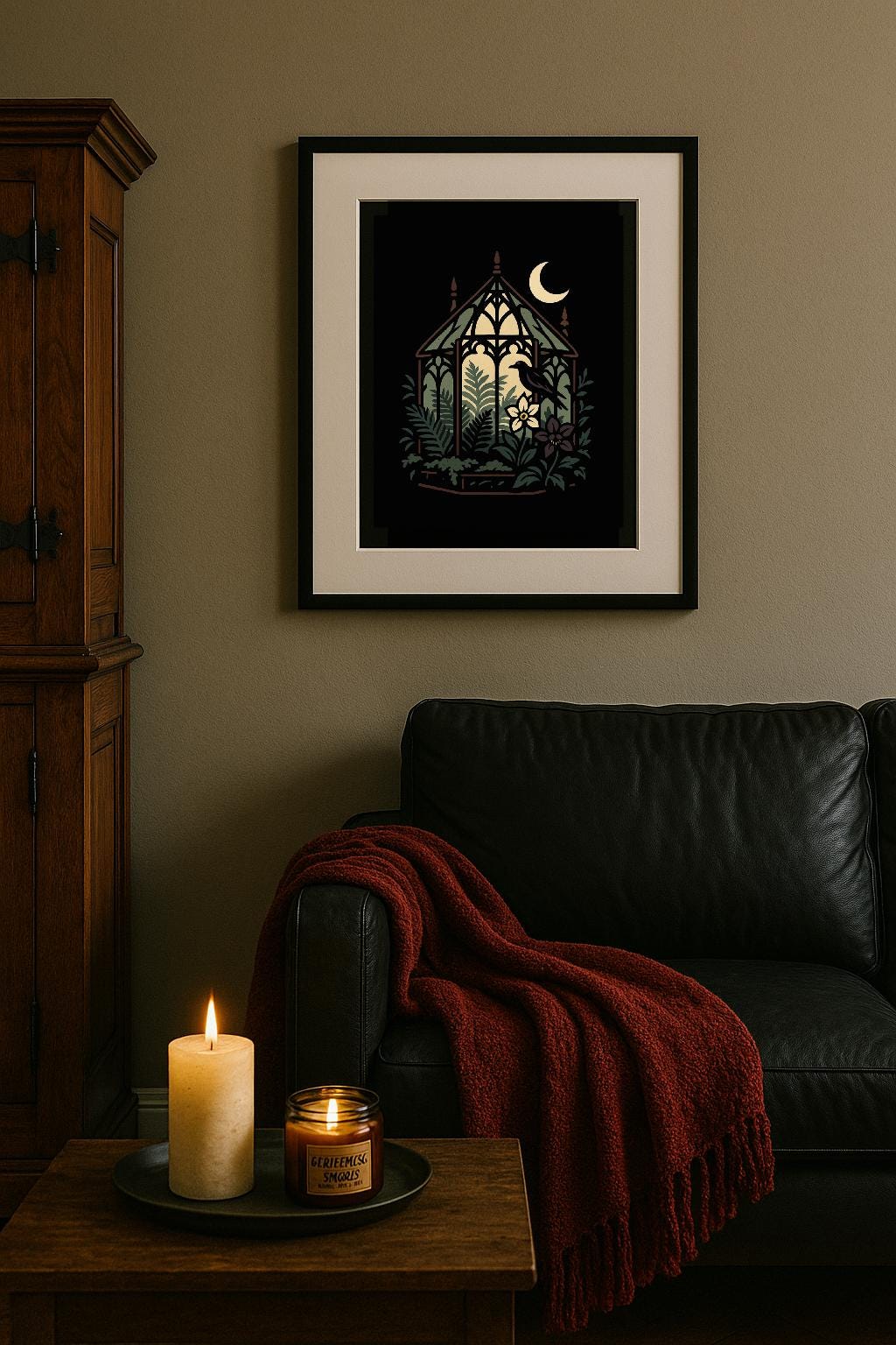 Moonlit Greenhouse Art Print – Stained‑Glass Botanical Window, Witchy Gothic Decor, bay window portrait, stick style architecture print