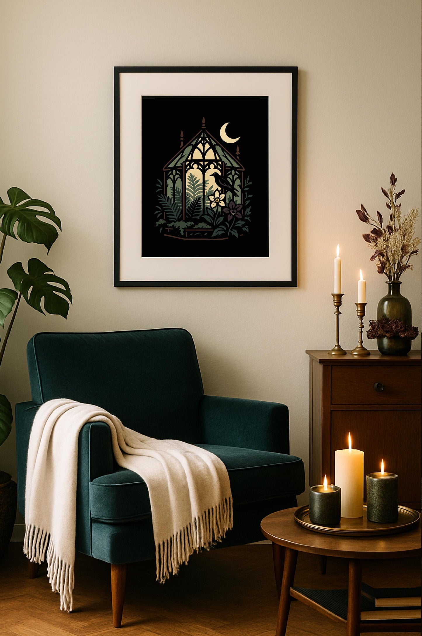Moonlit Greenhouse Art Print – Stained‑Glass Botanical Window, Witchy Gothic Decor, bay window portrait, stick style architecture print