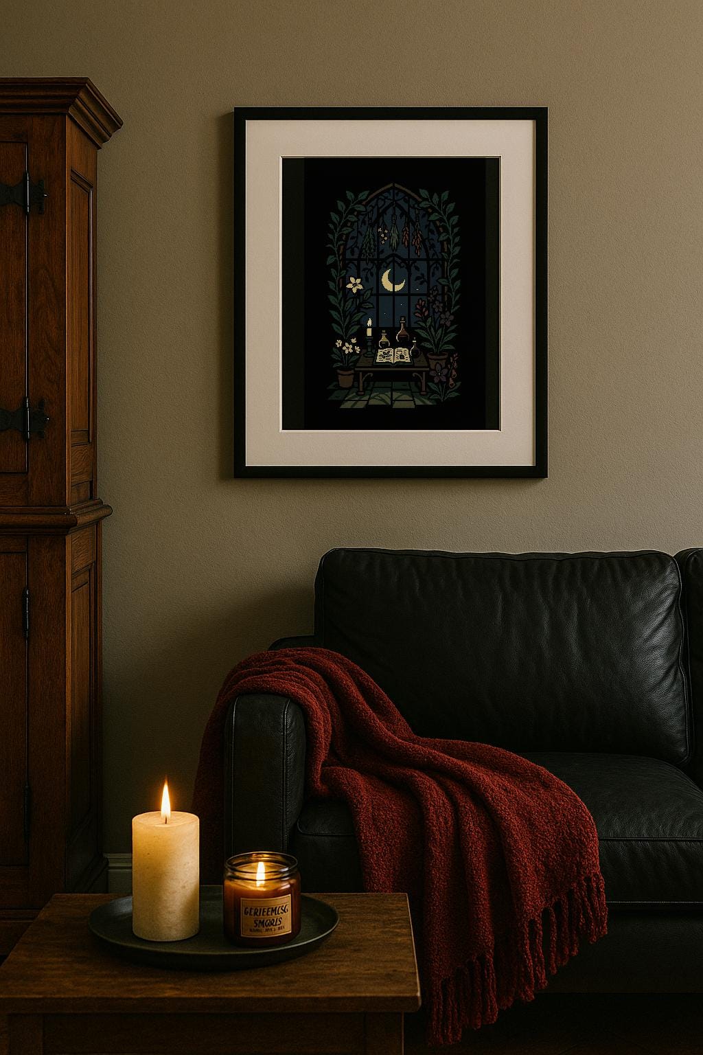 Herbal Apothecary Art Print – Witchy Gothic Greenhouse Poster with Dried Herbs & Moonlight
