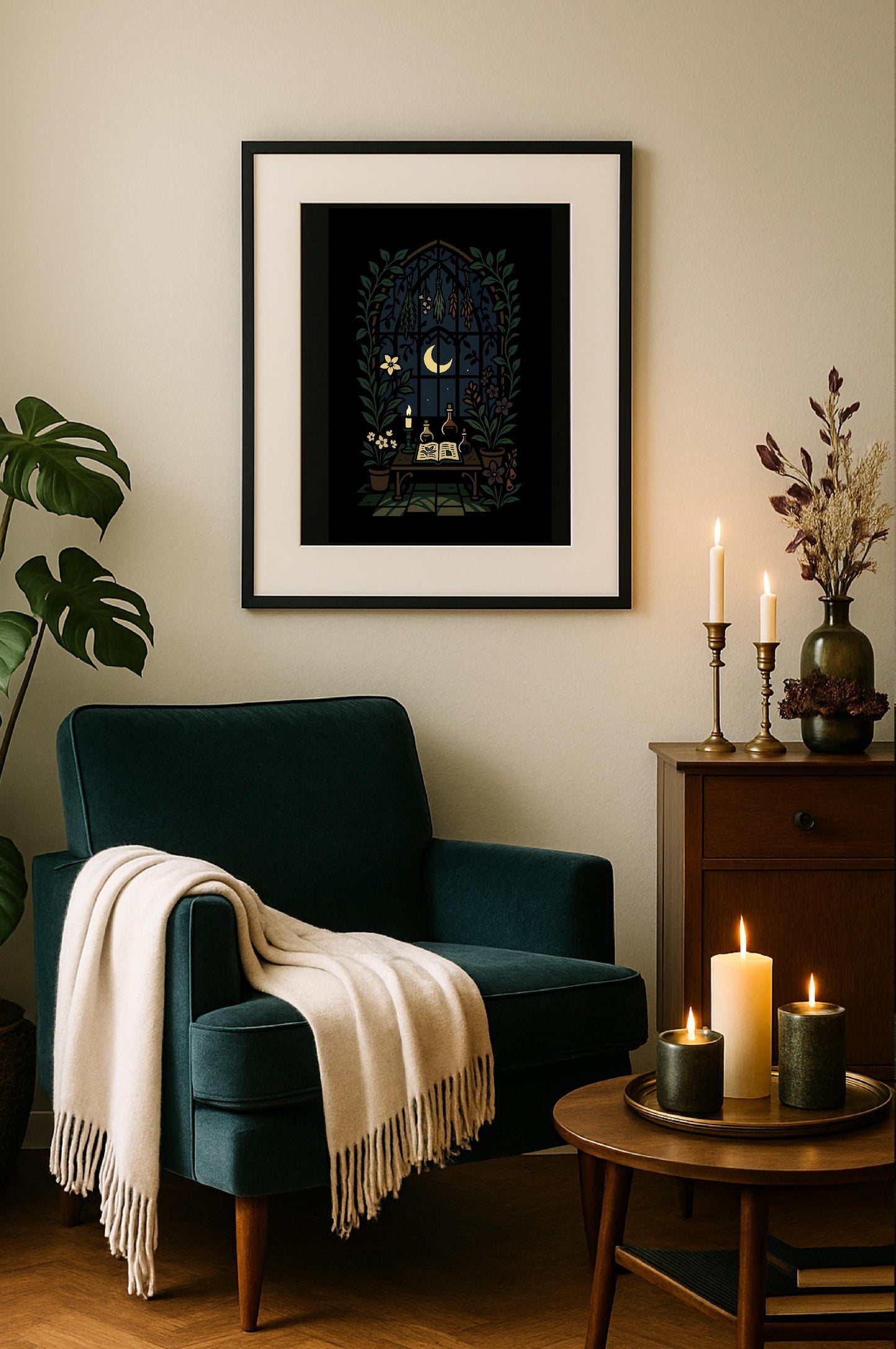Herbal Apothecary Art Print – Witchy Gothic Greenhouse Poster with Dried Herbs & Moonlight