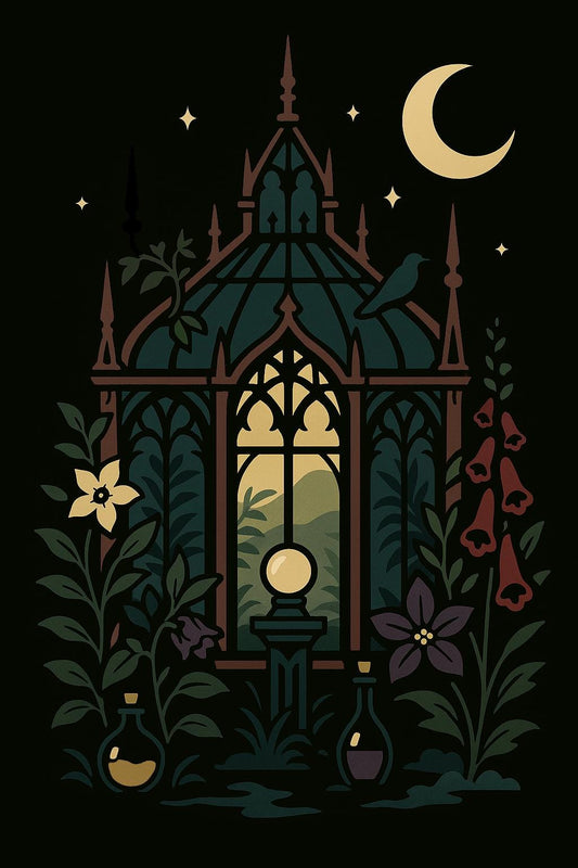 Botanical Witches Greenhouse Art Print – Cottagecore Witch Wall Art, Cozy Spooky Botanical Greenhouse Decor