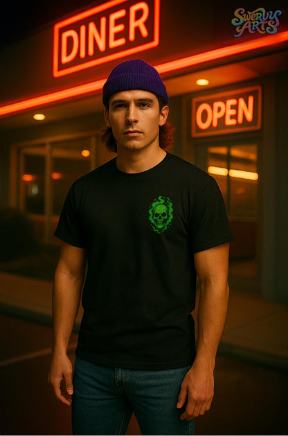 Green Phantom Short Sleeve T-shirt – Neon Motorcycle Skull Graphic, Cozy Spooky Goth Streetwear
