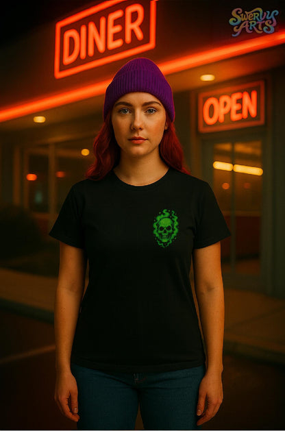 Green Phantom Short Sleeve T-shirt – Neon Motorcycle Skull Graphic, Cozy Spooky Goth Streetwear