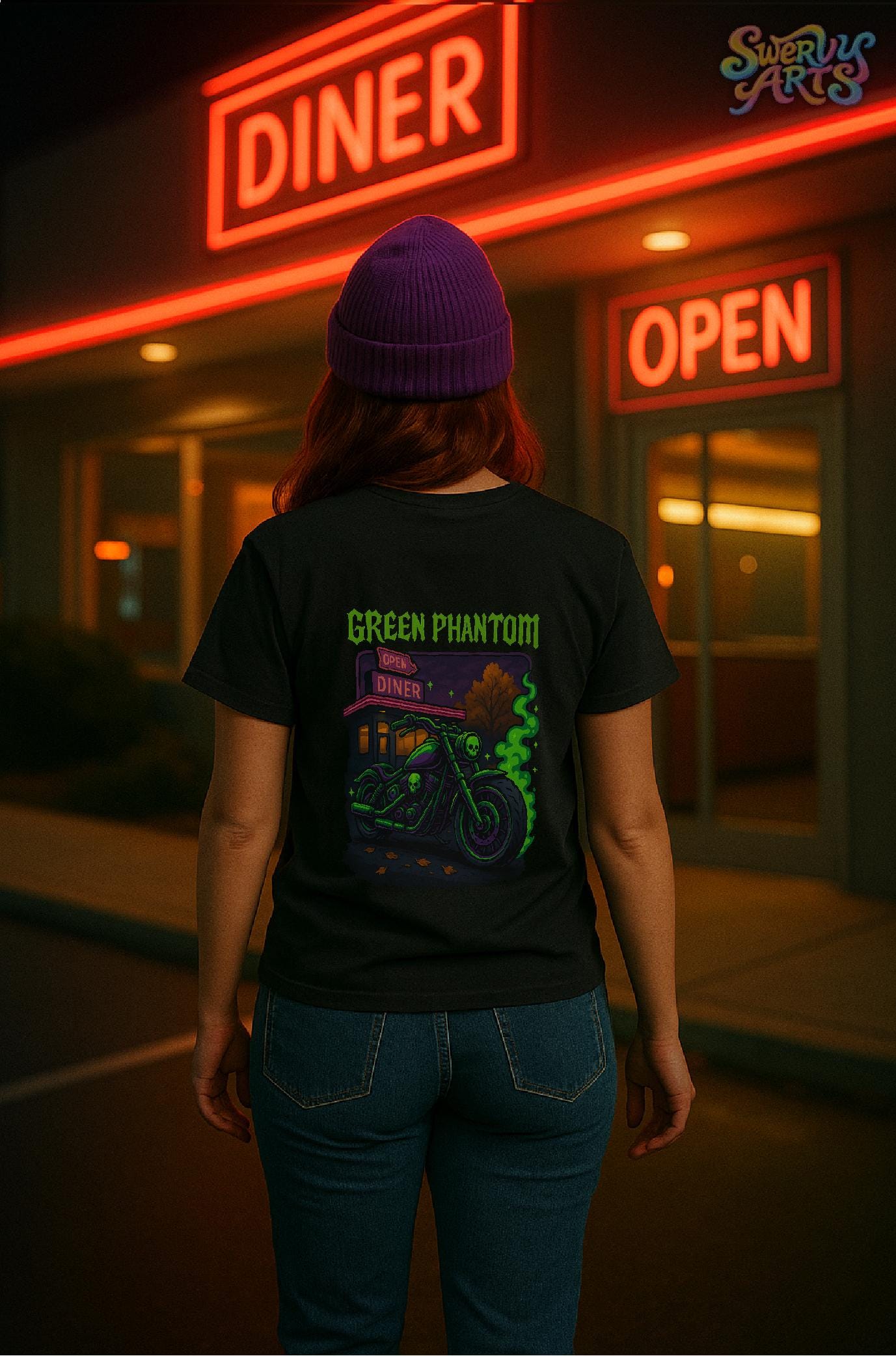 Green Phantom Short Sleeve T-shirt – Neon Motorcycle Skull Graphic, Cozy Spooky Goth Streetwear